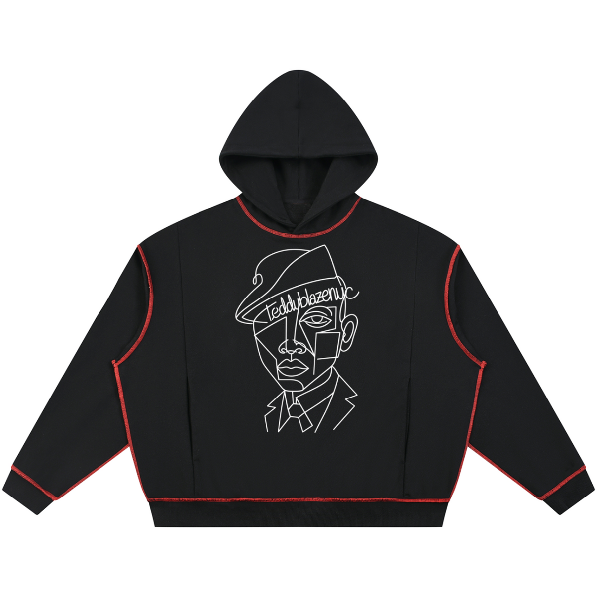 A black cropped hoodie with red piping and a white line-art graphic of a face on the front, shown against a plain white background.