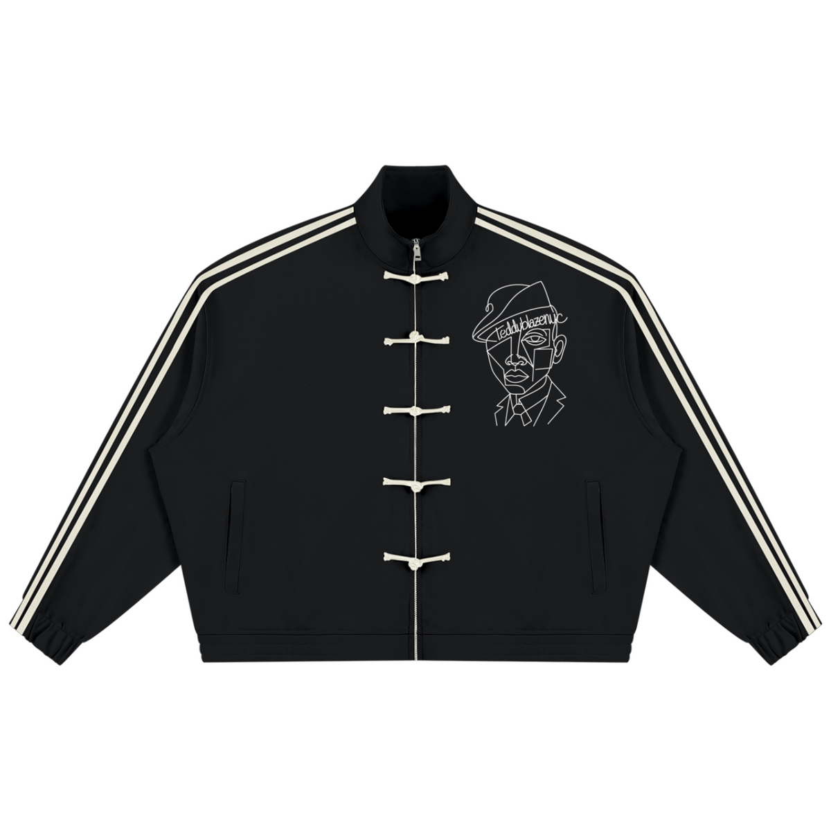 Elevate your outerwear rotation with the House of Teddy Blaze Afro Yorker Striped Sleeve Box Cut Pankou Jacket. Black 350 gsm heavyweight jacket, Pankou knot buttons, athletic sleeve stripes, Afro Yorker chest embroidery, and NYC Statue of Liberty back emblem. Shop NYC to Vegas style.
