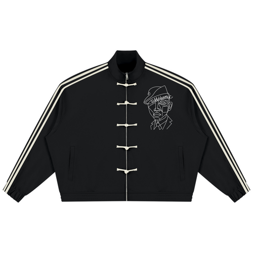 Elevate your outerwear rotation with the House of Teddy Blaze Afro Yorker Striped Sleeve Box Cut Pankou Jacket. Black 350 gsm heavyweight jacket, Pankou knot buttons, athletic sleeve stripes, Afro Yorker chest embroidery, and NYC Statue of Liberty back emblem. Shop NYC to Vegas style.