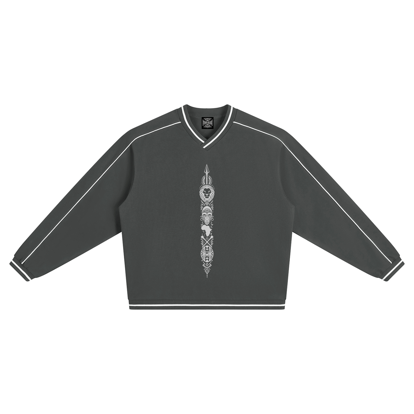 A charcoal collegiate V-neck jumper with contrast piping, striped trim and Teddy Blaze Afrodemia Americana artwork. Premium Afrocentric everyday sportswear.