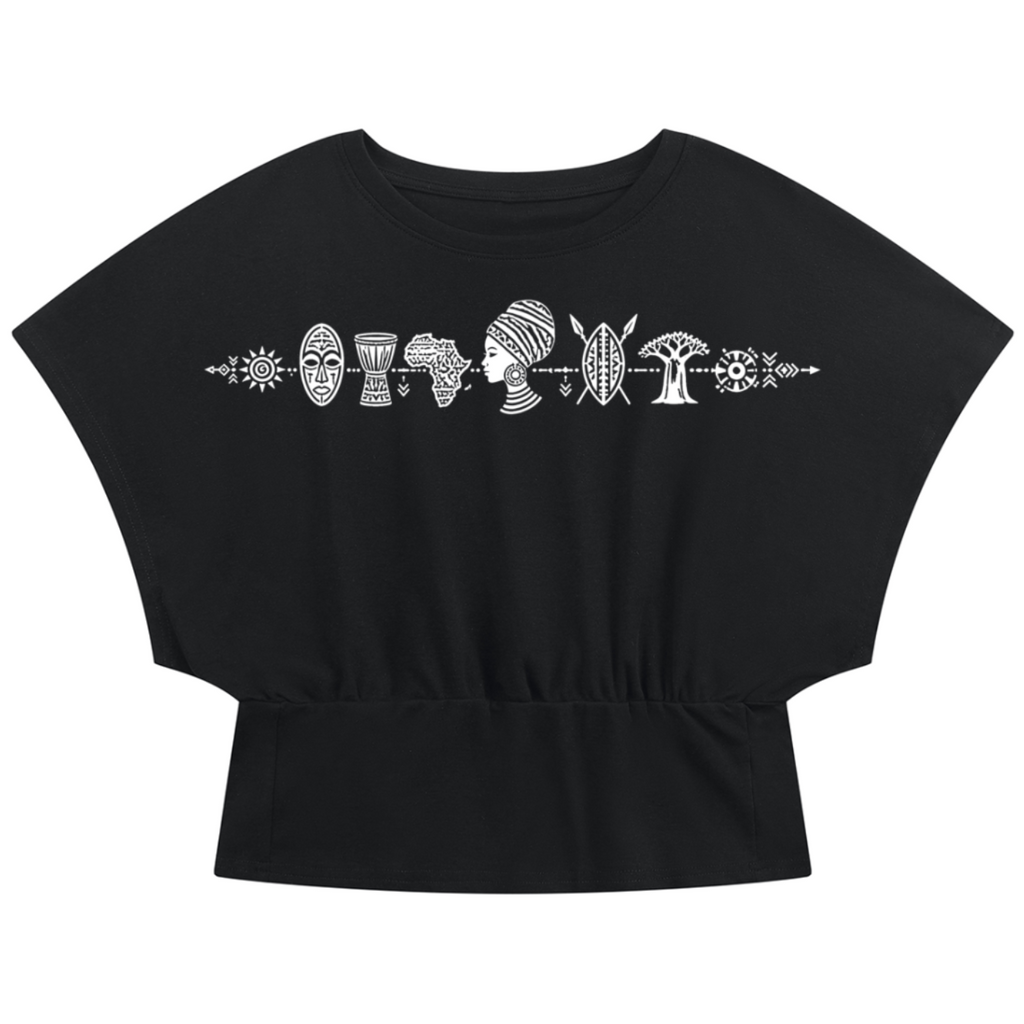 Discover the Teddy Blaze Afrodemia Americana Crop Dolman Tee, cut in a cotton-stretch blend with a gathered waist and signature Afrodemia iconography.