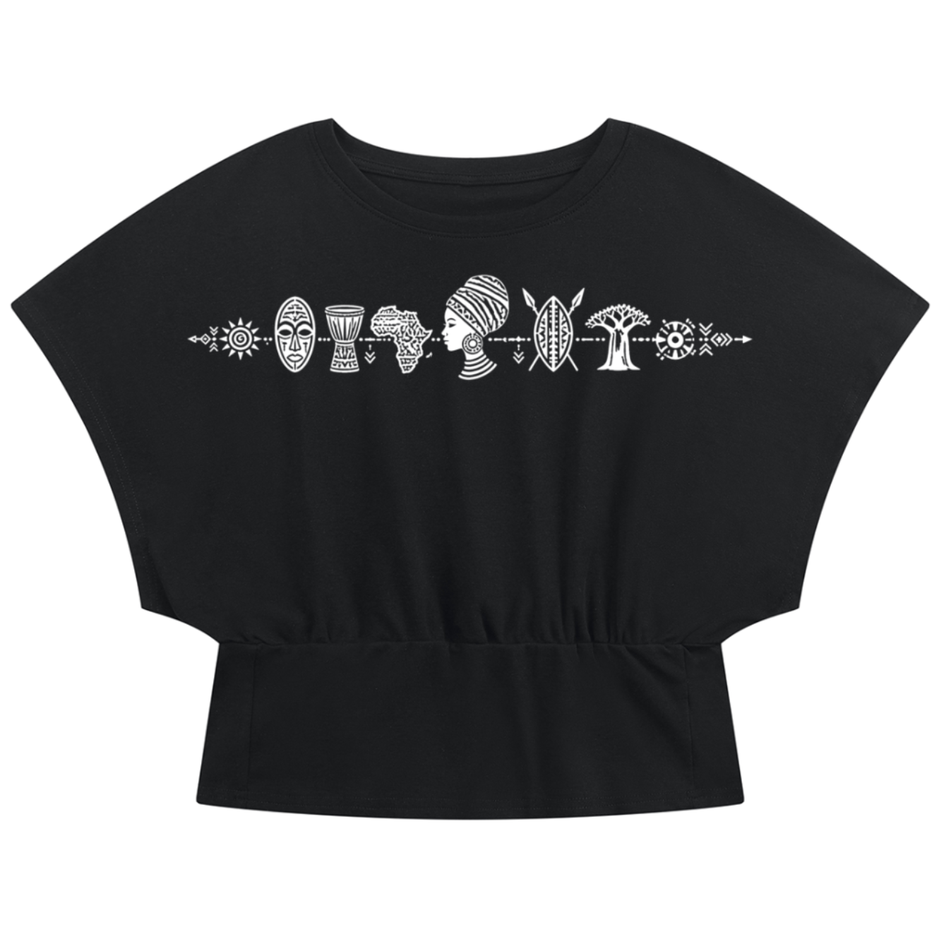 Discover the Teddy Blaze Afrodemia Americana Crop Dolman Tee, cut in a cotton-stretch blend with a gathered waist and signature Afrodemia iconography.