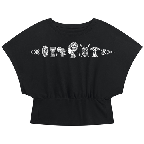Discover the Teddy Blaze Afrodemia Americana Crop Dolman Tee, cut in a cotton-stretch blend with a gathered waist and signature Afrodemia iconography.