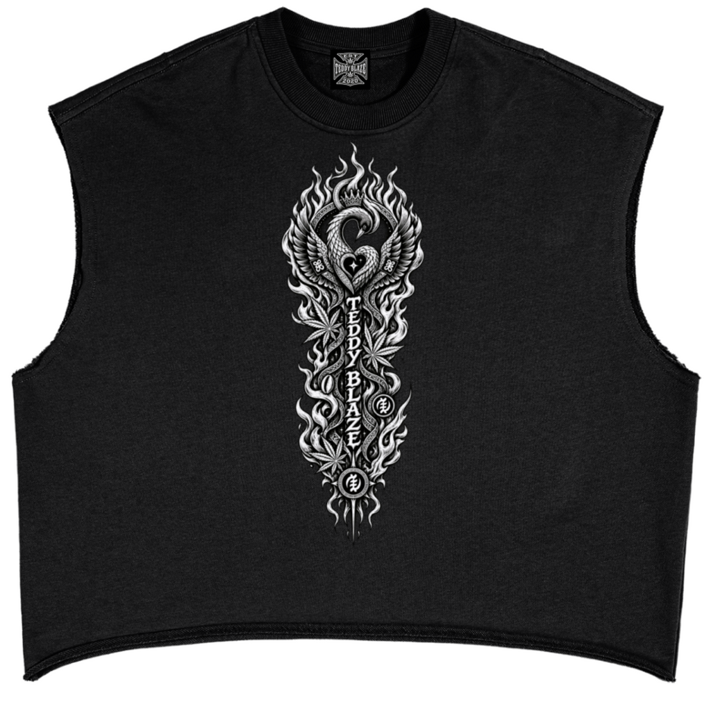 Heavyweight 340 GSM French terry boxy tank with raw-edge details and monochrome Teddy Blaze Afro-Gothic graphics. Unisex MEN OF BLAZE sizing.