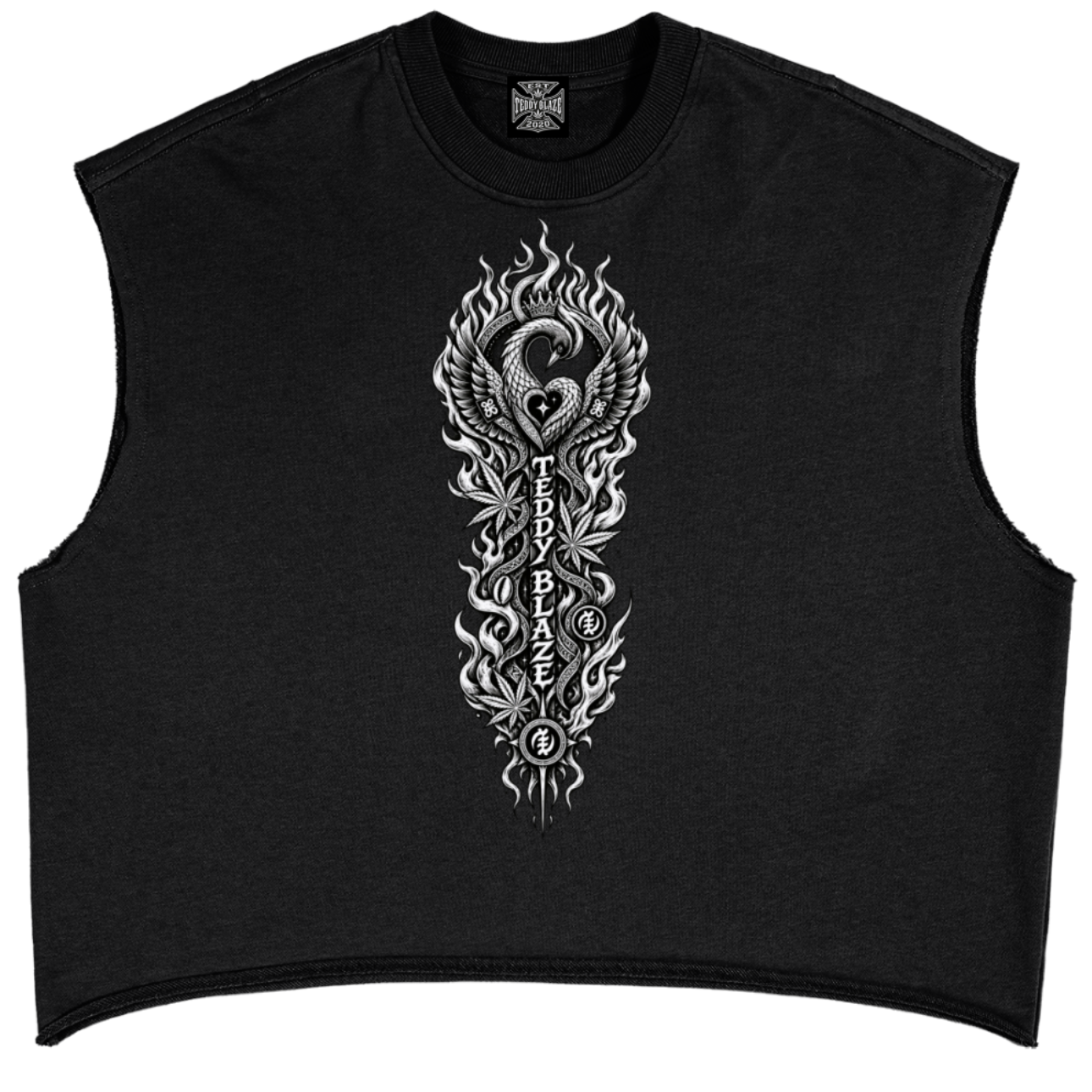 Heavyweight 340 GSM French terry boxy tank with raw-edge details and monochrome Teddy Blaze Afro-Gothic graphics. Unisex MEN OF BLAZE sizing.