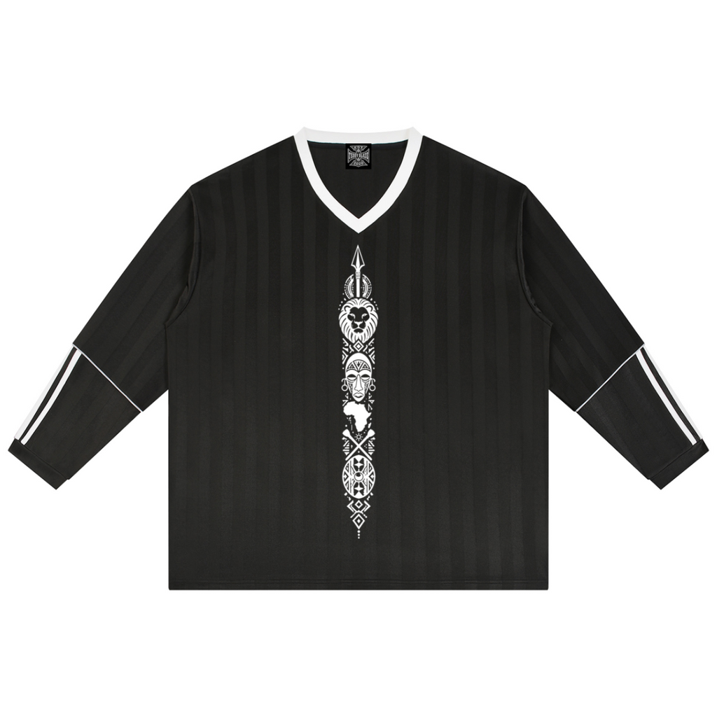 Tonal black jacquard soccer jersey with contrast V-neck, striped sleeves and Teddy Blaze Afrodemia Americana artwork. A refined Afrocentric athletic-prep statement.