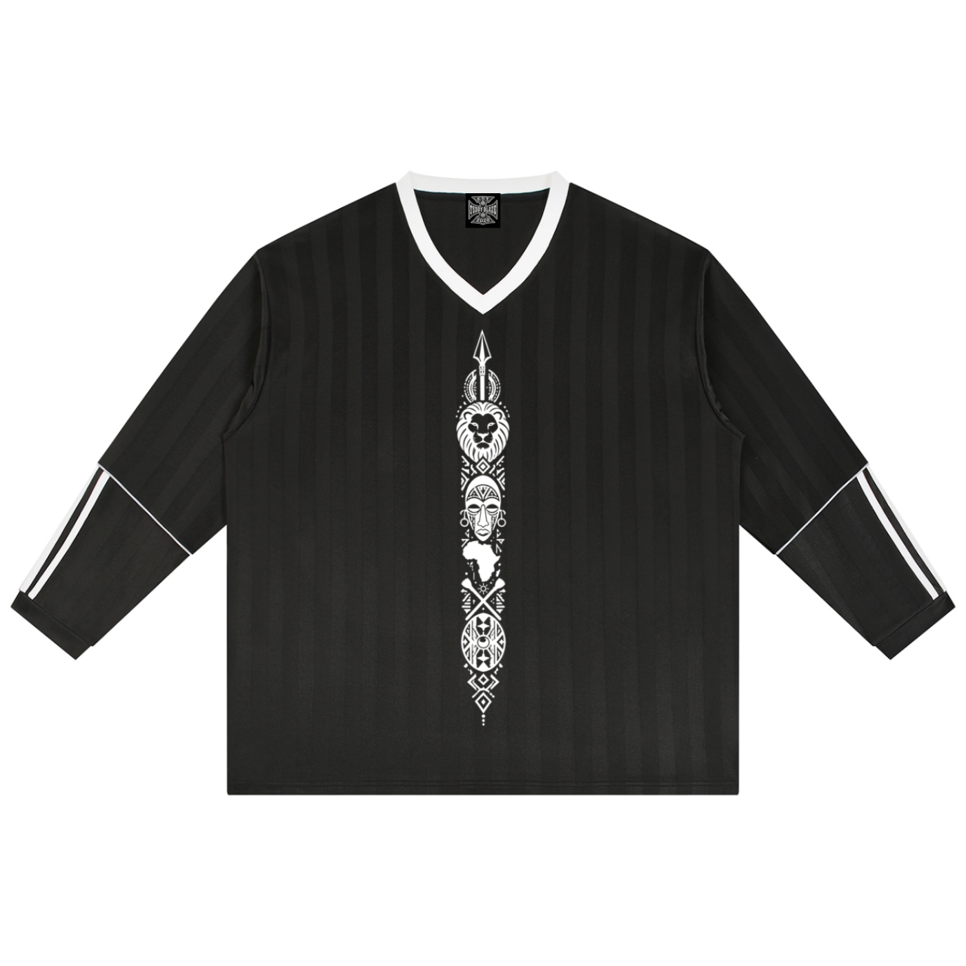 Tonal black jacquard soccer jersey with contrast V-neck, striped sleeves and Teddy Blaze Afrodemia Americana artwork. A refined Afrocentric athletic-prep statement.