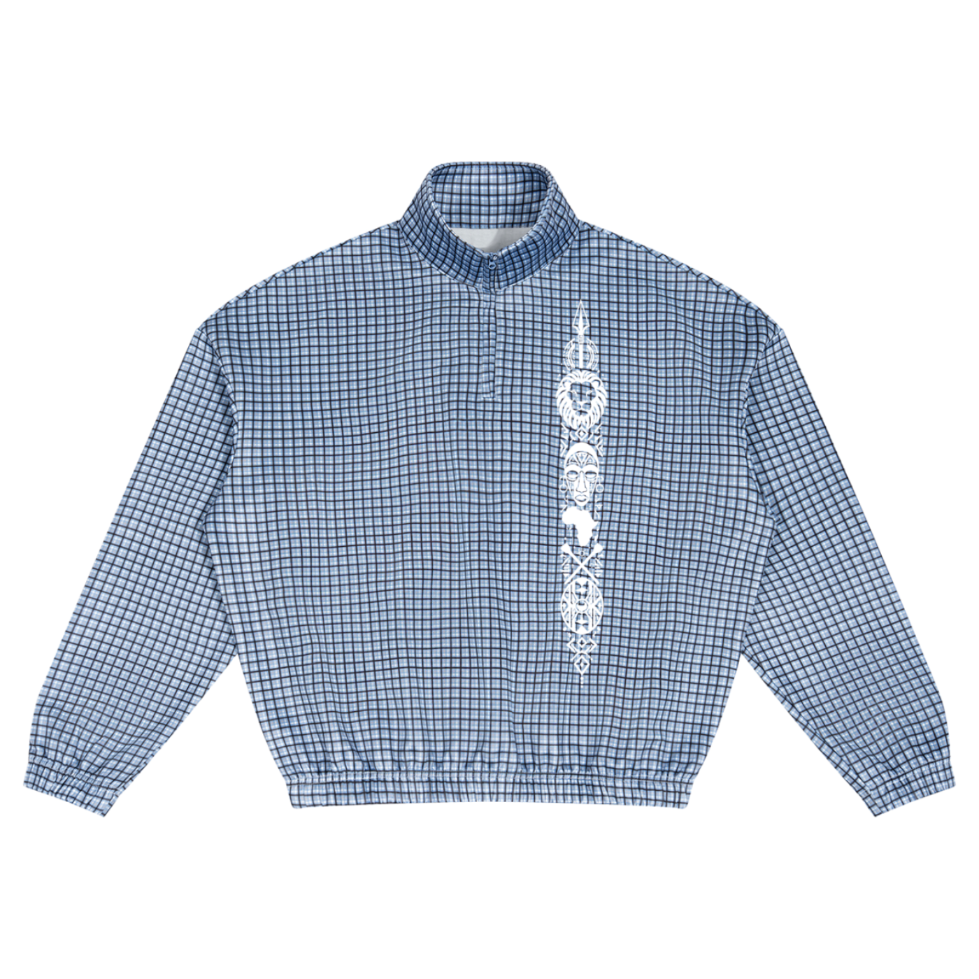 Heavyweight 360 GSM plaid quarter-zip with a cotton-rich inner layer, oversized unisex fit and signature Afrodemia Americana artwork.