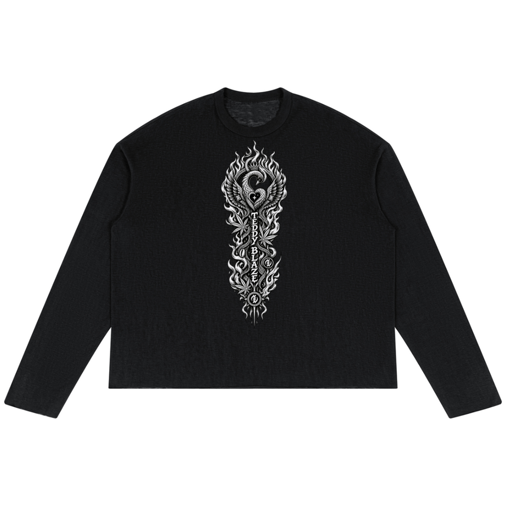 Lightweight lyocell-blend raw edge jumper with an oversized fit, Afro-Gothic Teddy Blaze artwork and Very Teddy back branding.