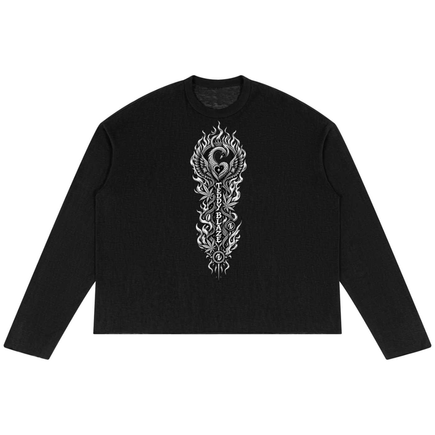 Lightweight lyocell-blend raw edge jumper with an oversized fit, Afro-Gothic Teddy Blaze artwork and Very Teddy back branding.