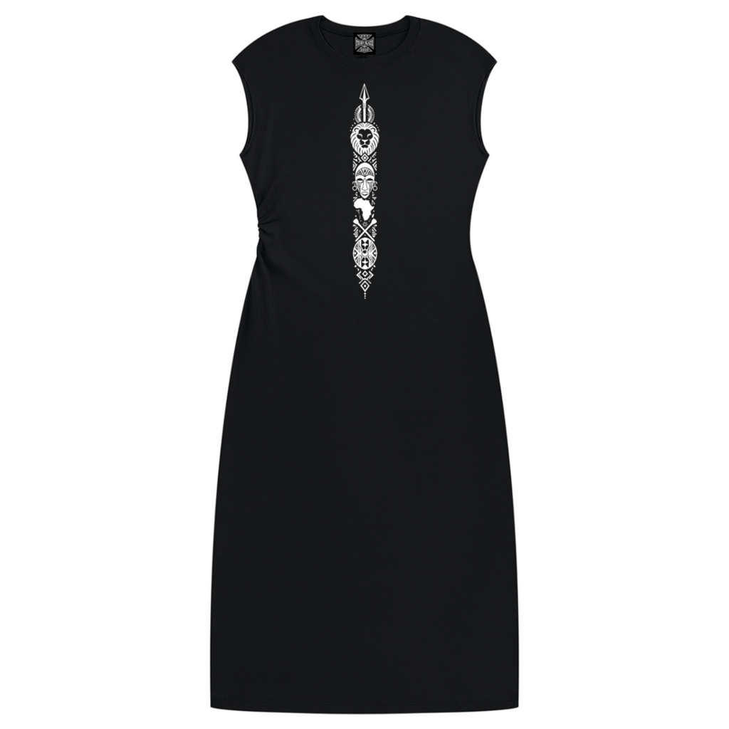 A sleek black ruched sleeveless dress featuring Teddy Blaze Afrodemia Americana iconography, stretch rayon construction and a sculpted maxi silhouette.