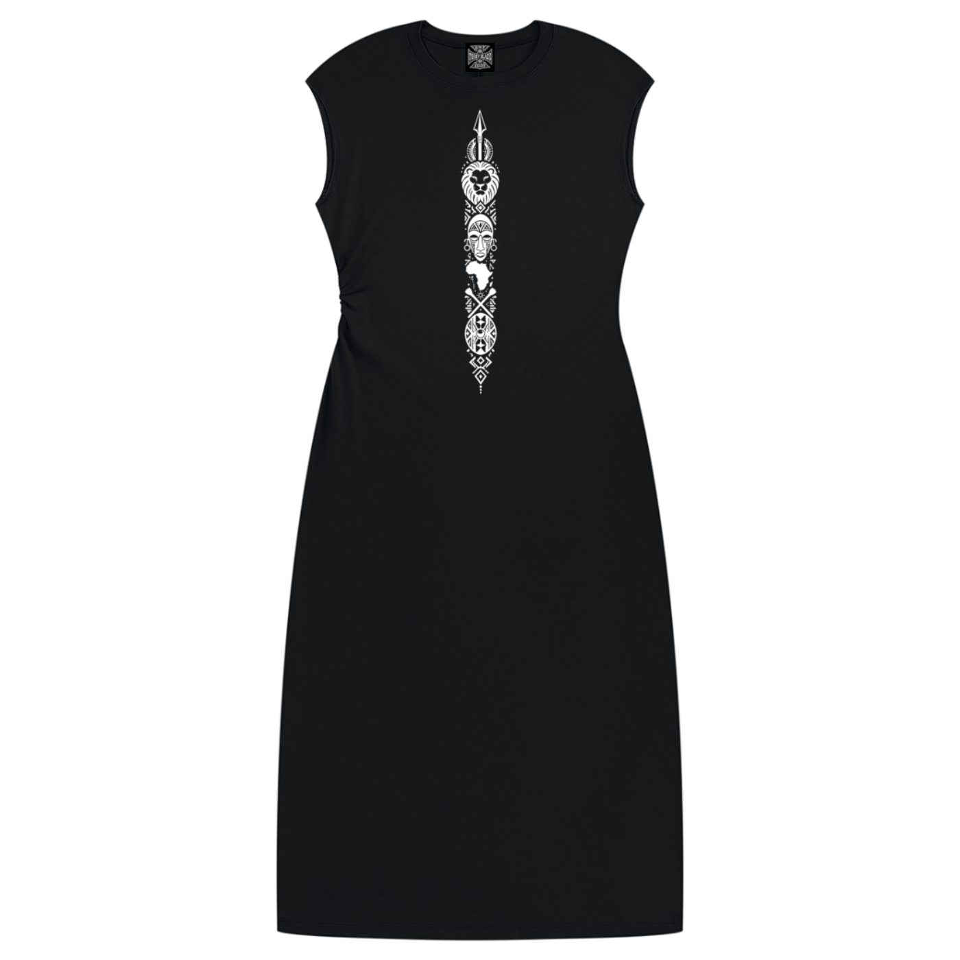 A sleek black ruched sleeveless dress featuring Teddy Blaze Afrodemia Americana iconography, stretch rayon construction and a sculpted maxi silhouette.
