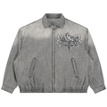 Description: Vintage-wash grey denim jacket in a substantial cotton blend with a relaxed unisex fit, full-zip front and monochrome Teddy Blaze Afro-Gothic artwork.