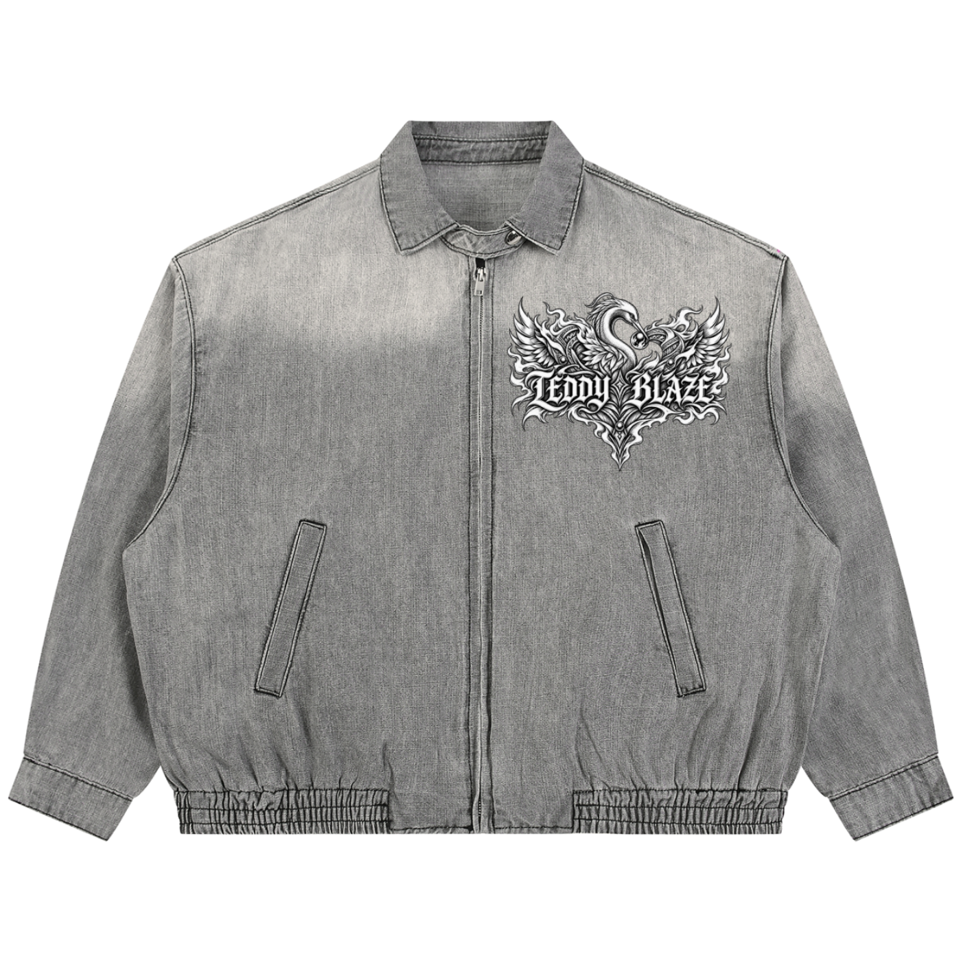 Description: Vintage-wash grey denim jacket in a substantial cotton blend with a relaxed unisex fit, full-zip front and monochrome Teddy Blaze Afro-Gothic artwork.