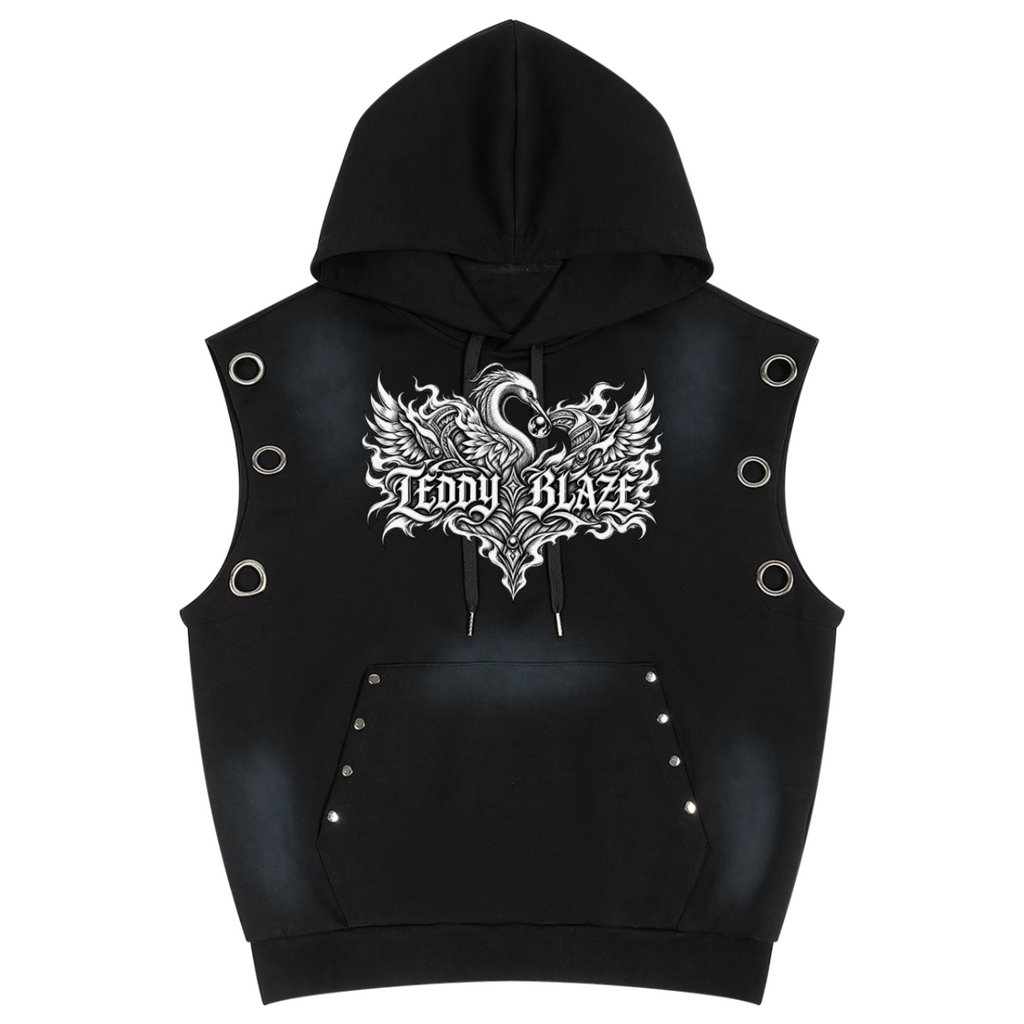 Heavyweight vintage-wash sleeveless hoodie with metal grommets, sun-faded finish and ornate Teddy Blaze graphics. Afrodemia Americana by Teddy Blaze.