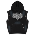 Heavyweight vintage-wash sleeveless hoodie with metal grommets, sun-faded finish and ornate Teddy Blaze graphics. Afrodemia Americana by Teddy Blaze.