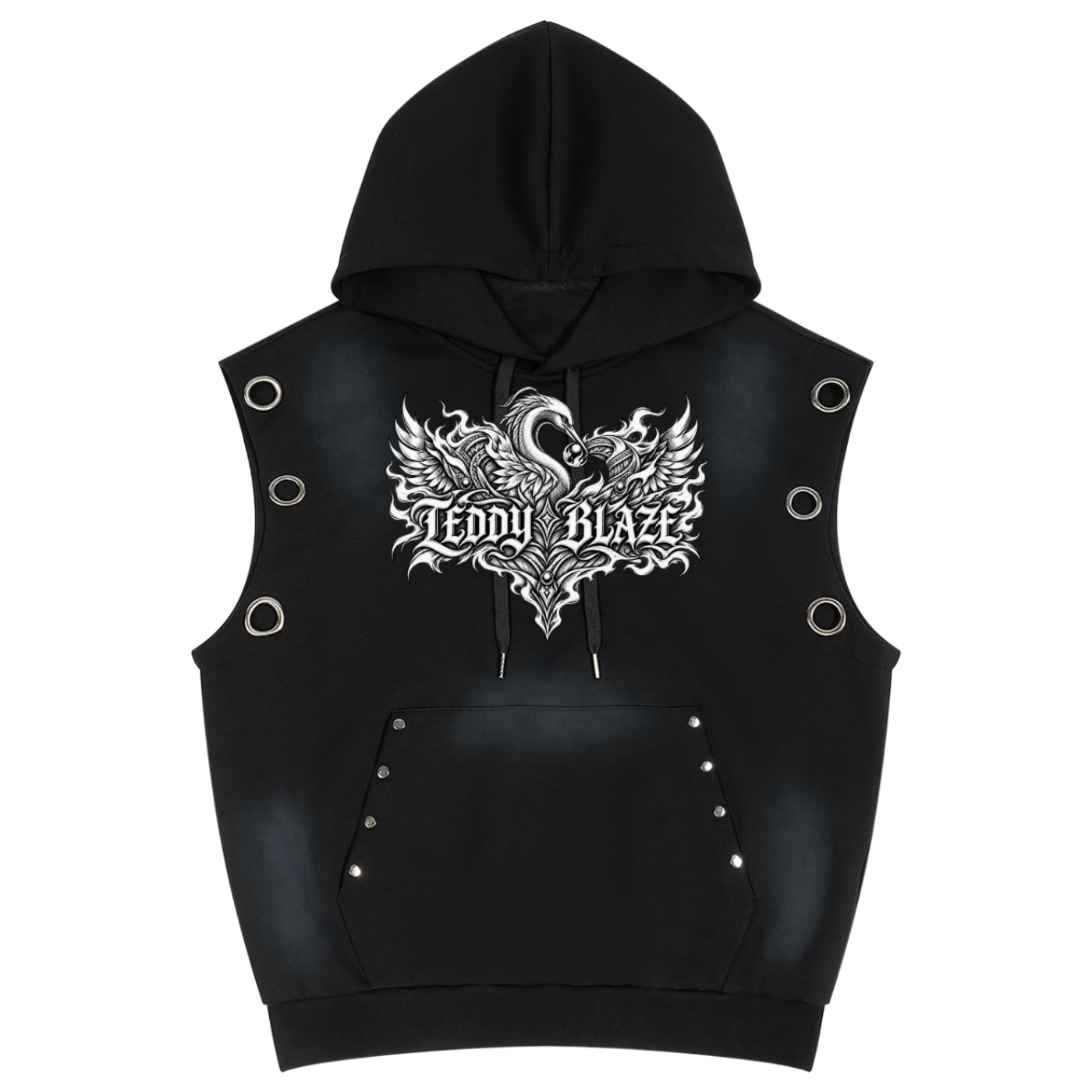 Heavyweight vintage-wash sleeveless hoodie with metal grommets, sun-faded finish and ornate Teddy Blaze graphics. Afrodemia Americana by Teddy Blaze.