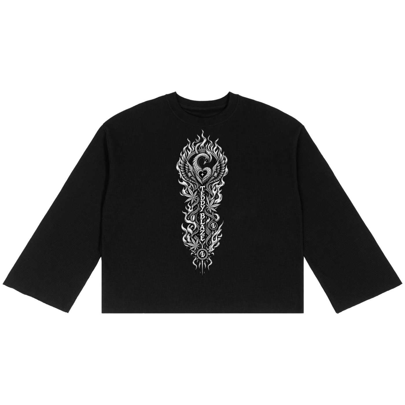 Black waffle-knit jumper featuring Teddy Blaze Afrodemia Americana iconography, a roomy unisex silhouette, raw-edge detailing and VERY TEDDY signature.
