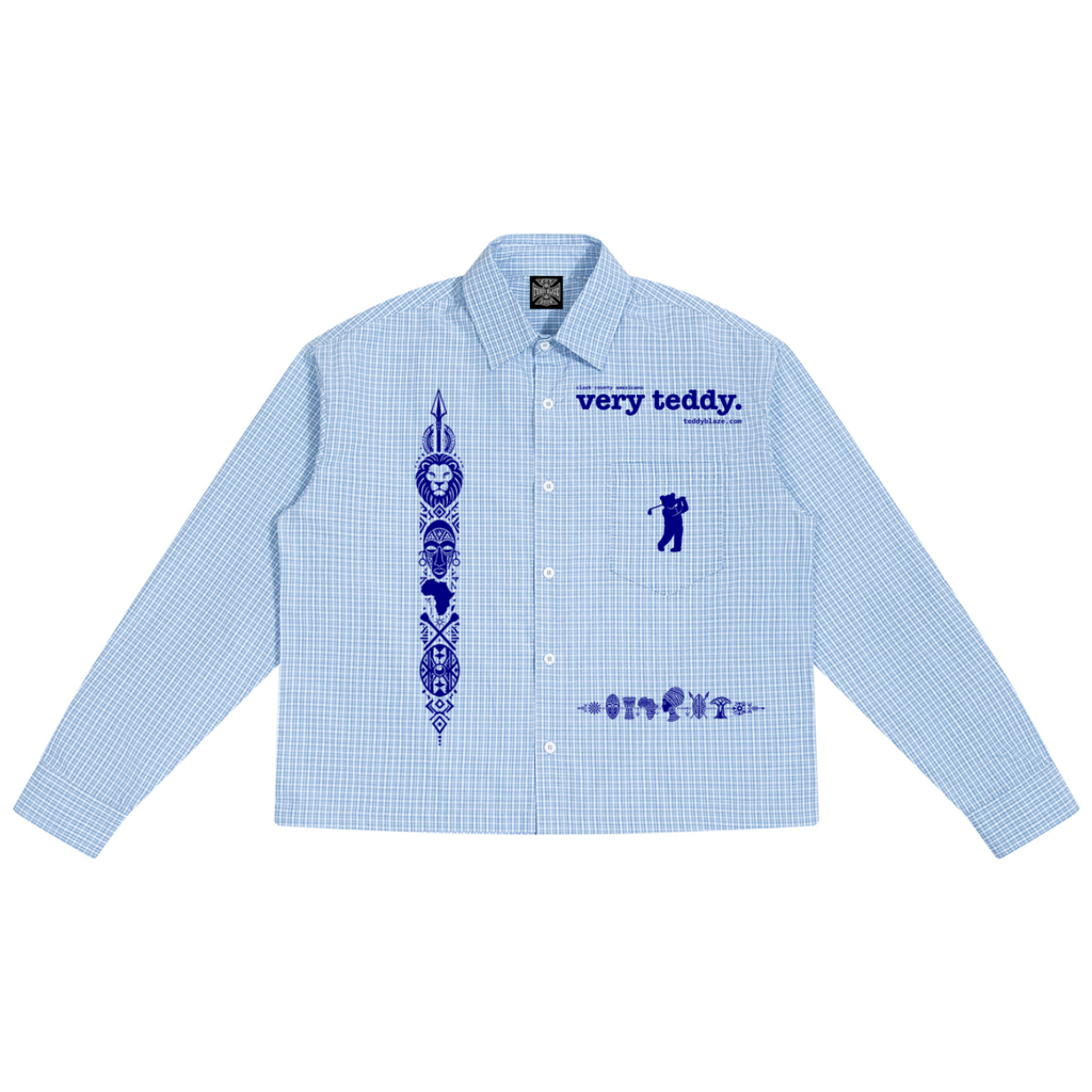 Discover the Afrodemia Boxy Plaid Long Sleeve Shirt by Teddy Blaze, a lightweight unisex button-up combining collegiate plaid, Afrocentric graphics and a relaxed boxy silhouette.