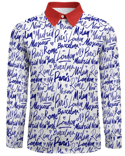 Shop the Iron + Ivy American Jetsetter Peach Velvet Shirt by Teddy Blaze. Long sleeve button-down in ultra-soft peach velvet featuring global fashion capital typography and a red collar.