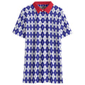 Shop the Argyle Americano Short Golf Polo by Teddy Blaze. 145 GSM blue & white argyle performance polo with red collar from TEDDY FORE!.