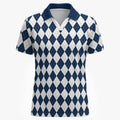 Shop the Argyle Azure Polo by Teddy Blaze. Premium 200 GSM performance poly polo featuring a classic navy and white argyle print from the TOPS line of The Mature Mocha Collection.