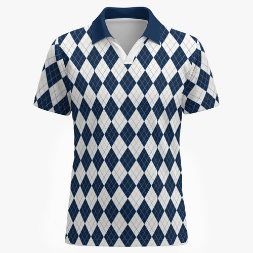 Shop the Argyle Azure Polo by Teddy Blaze. Premium 200 GSM performance poly polo featuring a classic navy and white argyle print from the TOPS line of The Mature Mocha Collection.