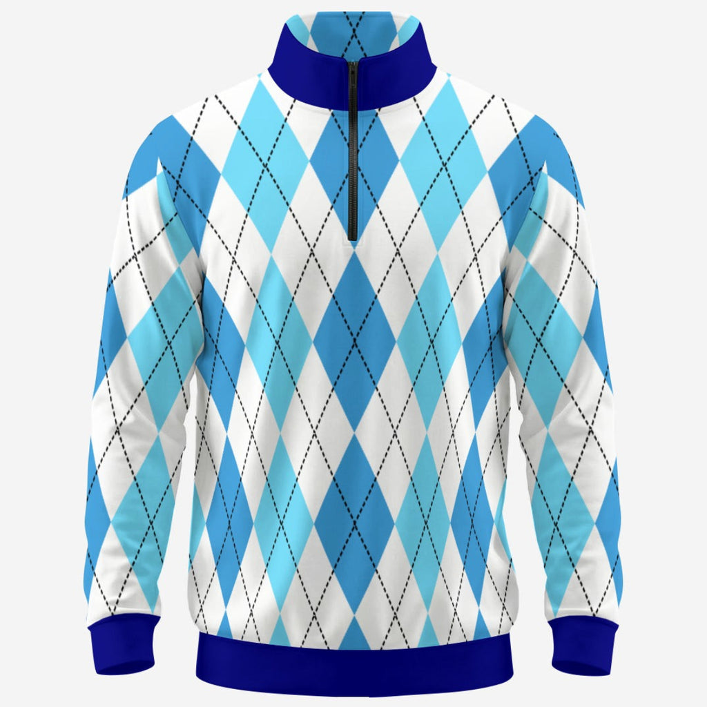 Shop the Iron + Ivy Astoria Argyle Contrast Trim Quarter Zip by Teddy Blaze. Performance 230 GSM stretch quarter-zip pullover in sky blue and white argyle with royal blue trim.