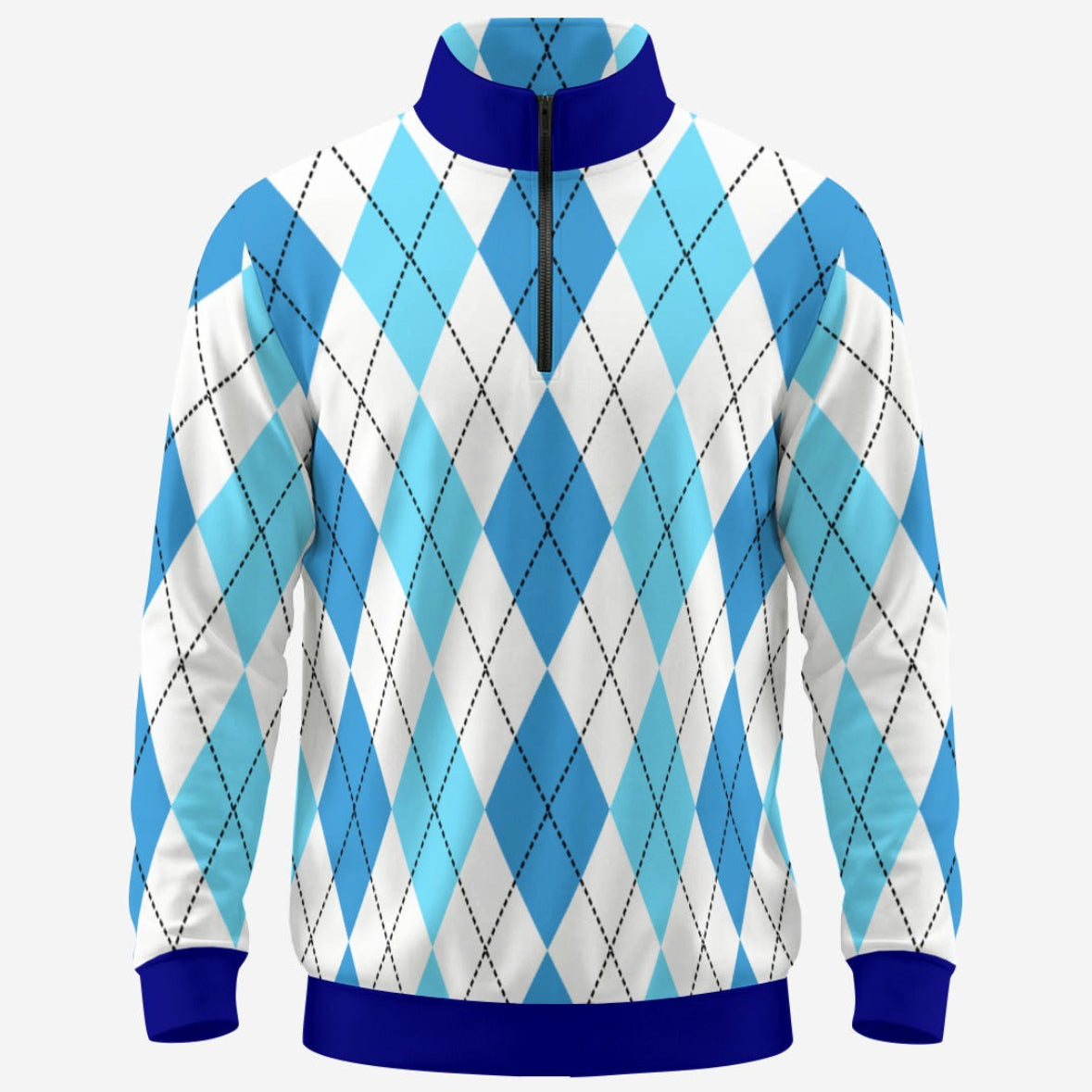 Shop the Iron + Ivy Astoria Argyle Contrast Trim Quarter Zip by Teddy Blaze. Performance 230 GSM stretch quarter-zip pullover in sky blue and white argyle with royal blue trim.