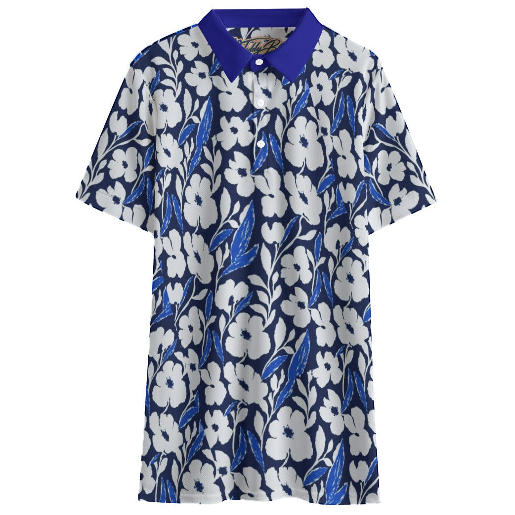 Shop the Azure Garden Short Golf Polo by Teddy Blaze. 145 GSM blue & white floral performance polo from TEDDY FORE!.