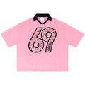 A pink short-sleeve soccer jersey with a black collar and a large black number 69 filled with a floral pattern on the front.