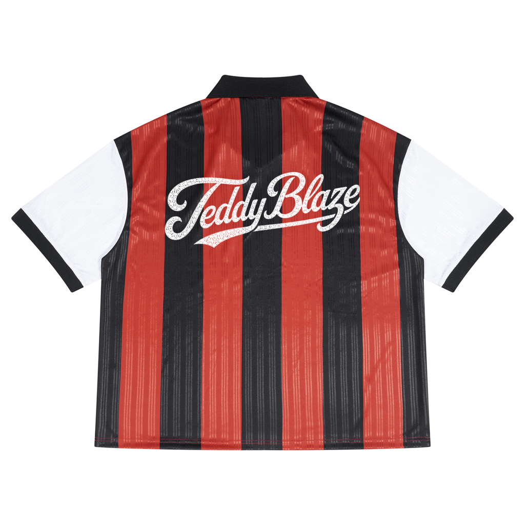 A short-sleeve striped jersey shown from the back, featuring vertical red and black stripes with white sleeves and a white 'TeddyBlaze' script logo across the upper back.