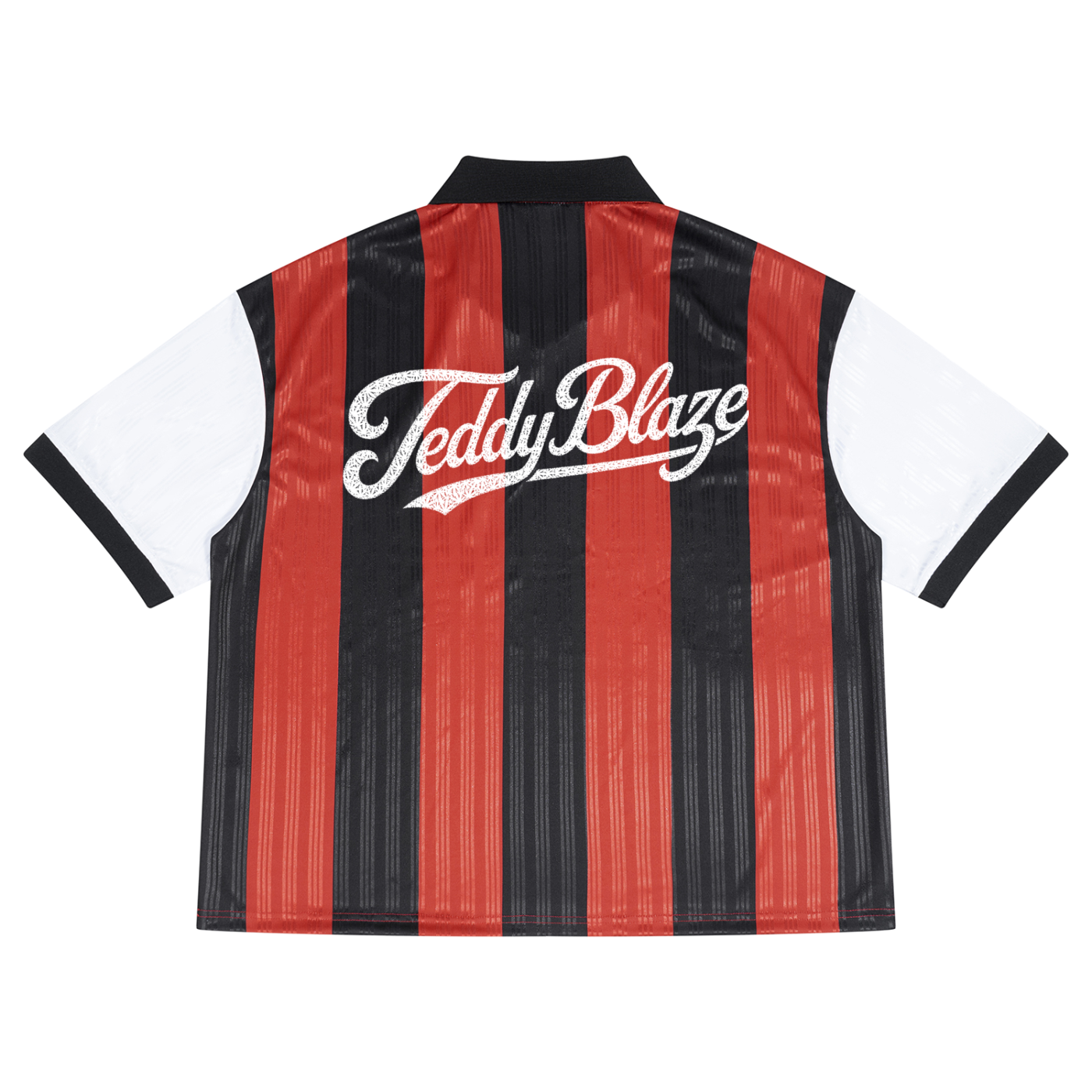 A short-sleeve striped jersey shown from the back, featuring vertical red and black stripes with white sleeves and a white 'TeddyBlaze' script logo across the upper back.