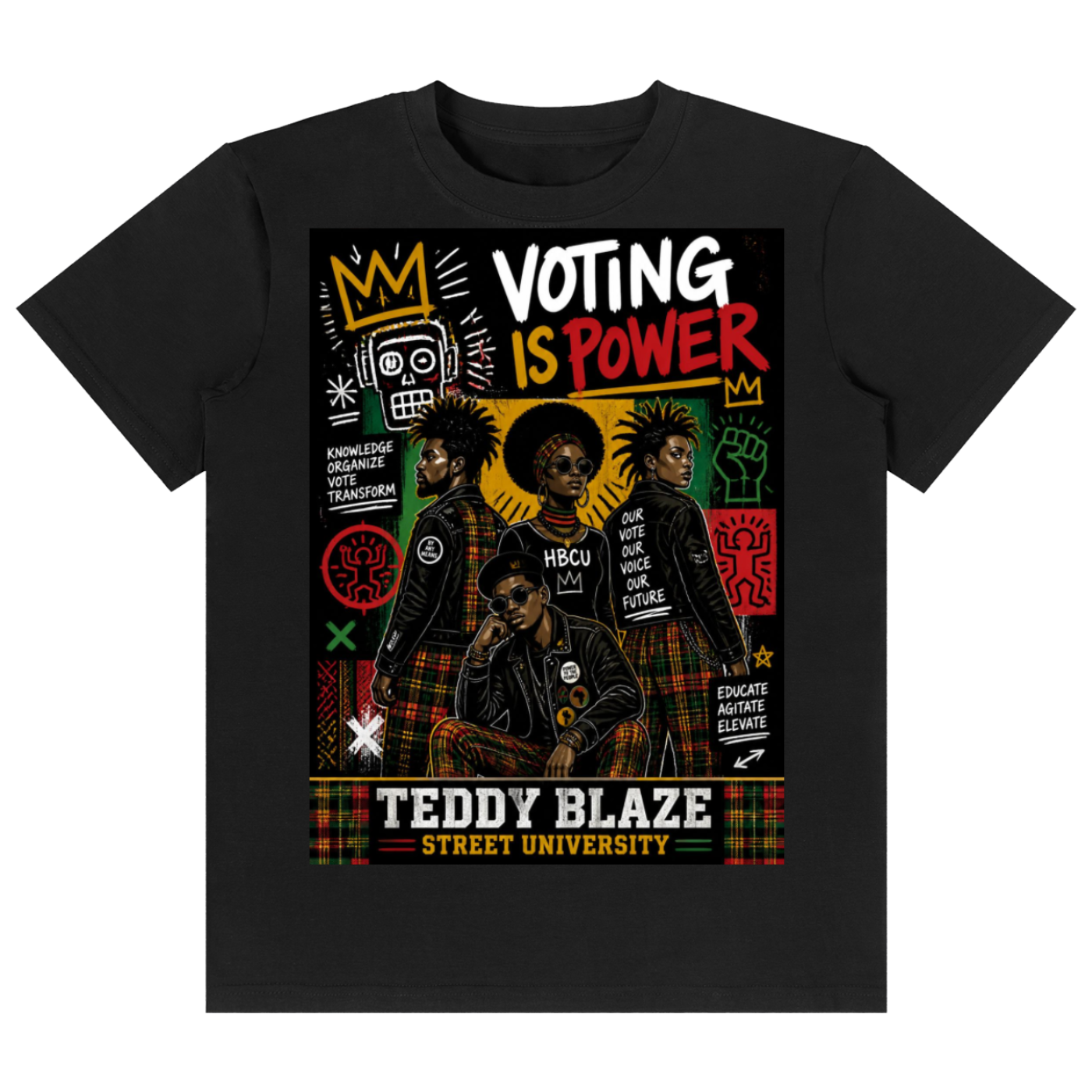 A black short-sleeve crewneck t-shirt featuring a large graphic print on the front. The graphic displays three illustrated figures in plaid jackets with the text 'VOTING IS POWER' and 'TEDDY BLAZE STREET UNIVERSITY' in bold white, red, and yellow lettering.