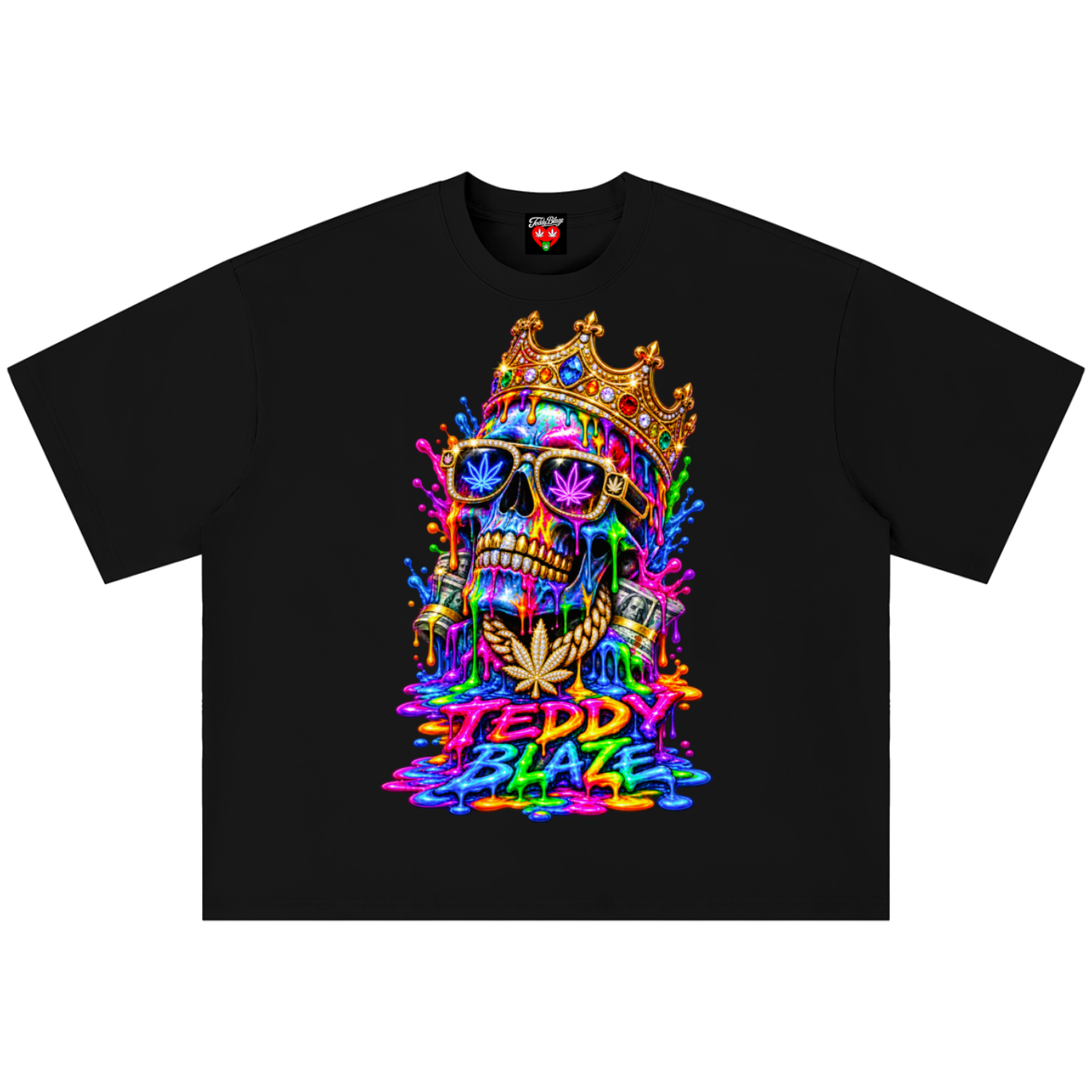A black short-sleeve crewneck t-shirt featuring a vibrant, colorful graphic of a crowned skull with a cannabis leaf in its teeth and the text 'TEDDY BLAZE' in a neon graffiti style.