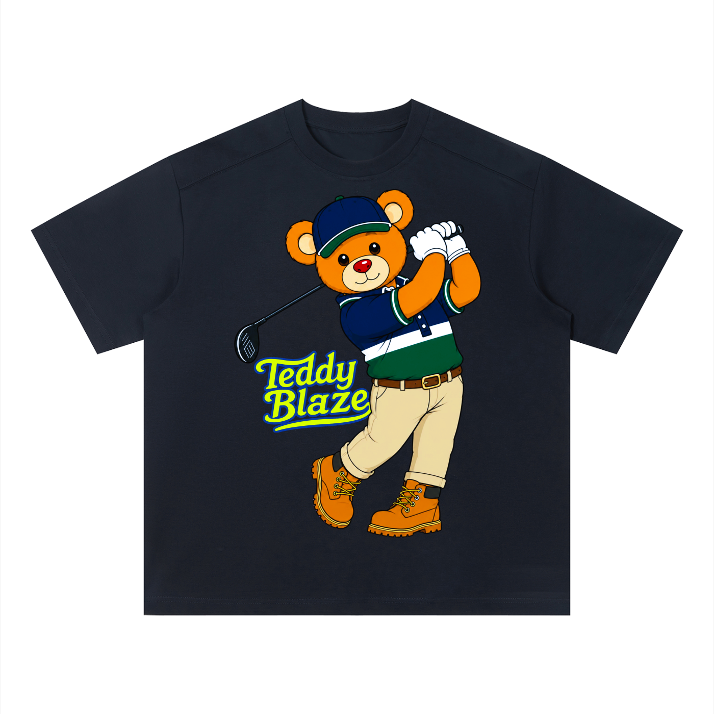 Black t-shirt with a teddy bear graphic and 'Teddy Blaze' text on a white background