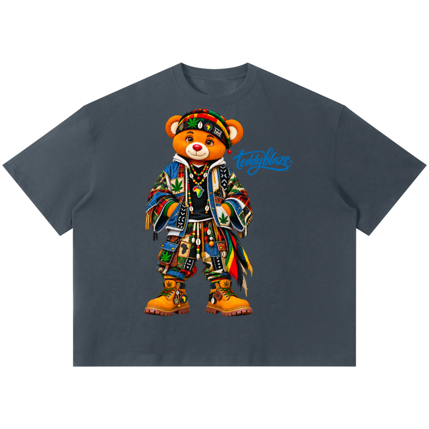 Shop the Teddy Blaze Boho Boxy Tee. 220 GSM cotton-poly oversized drop-shoulder t-shirt with boho bear graphic from TOPS BY TEDDY BLAZE.