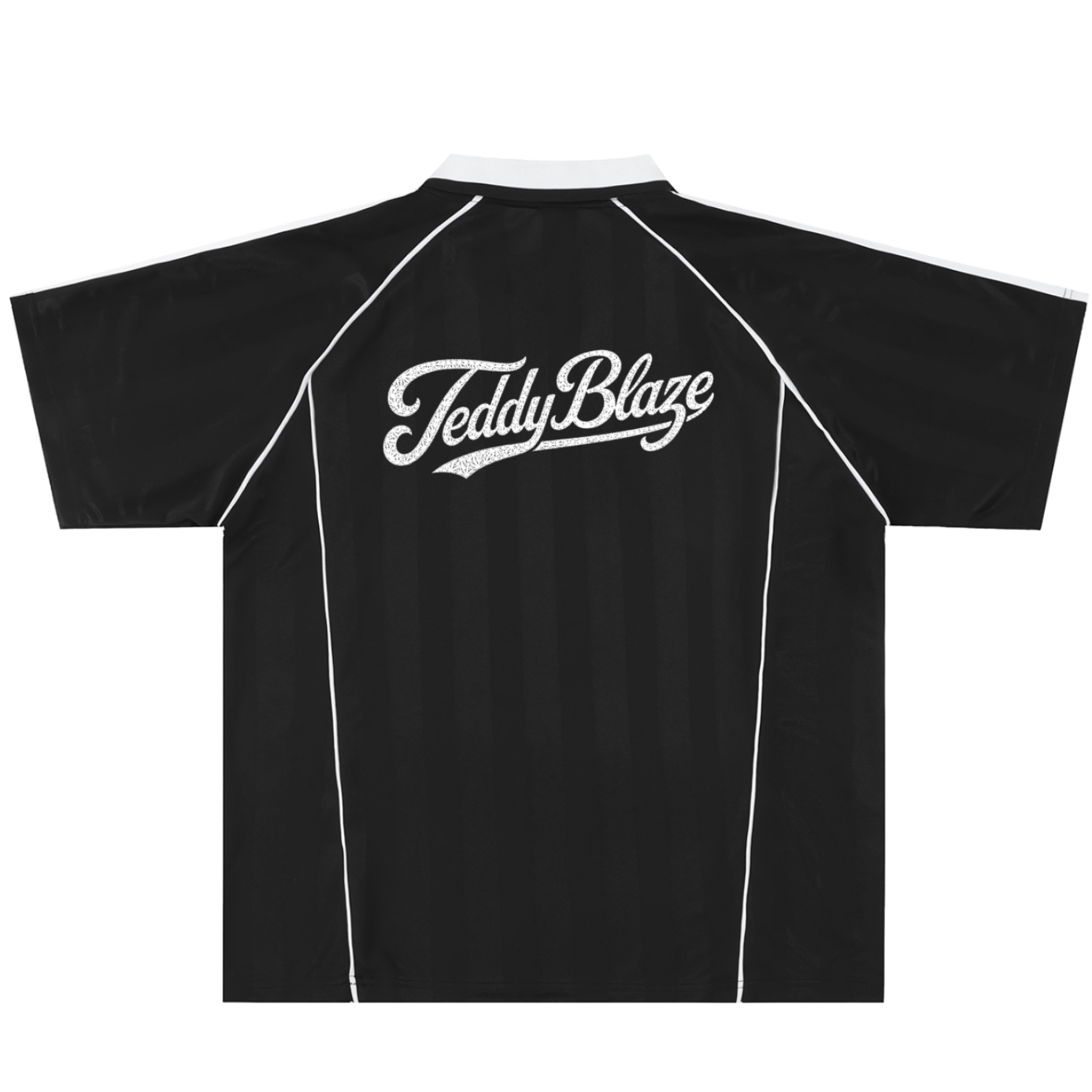 A black short-sleeve athletic jersey with white contrast stitching, a white collar, and a white 'Teddy Blaze' script logo printed across the upper back, shown on a plain white background.