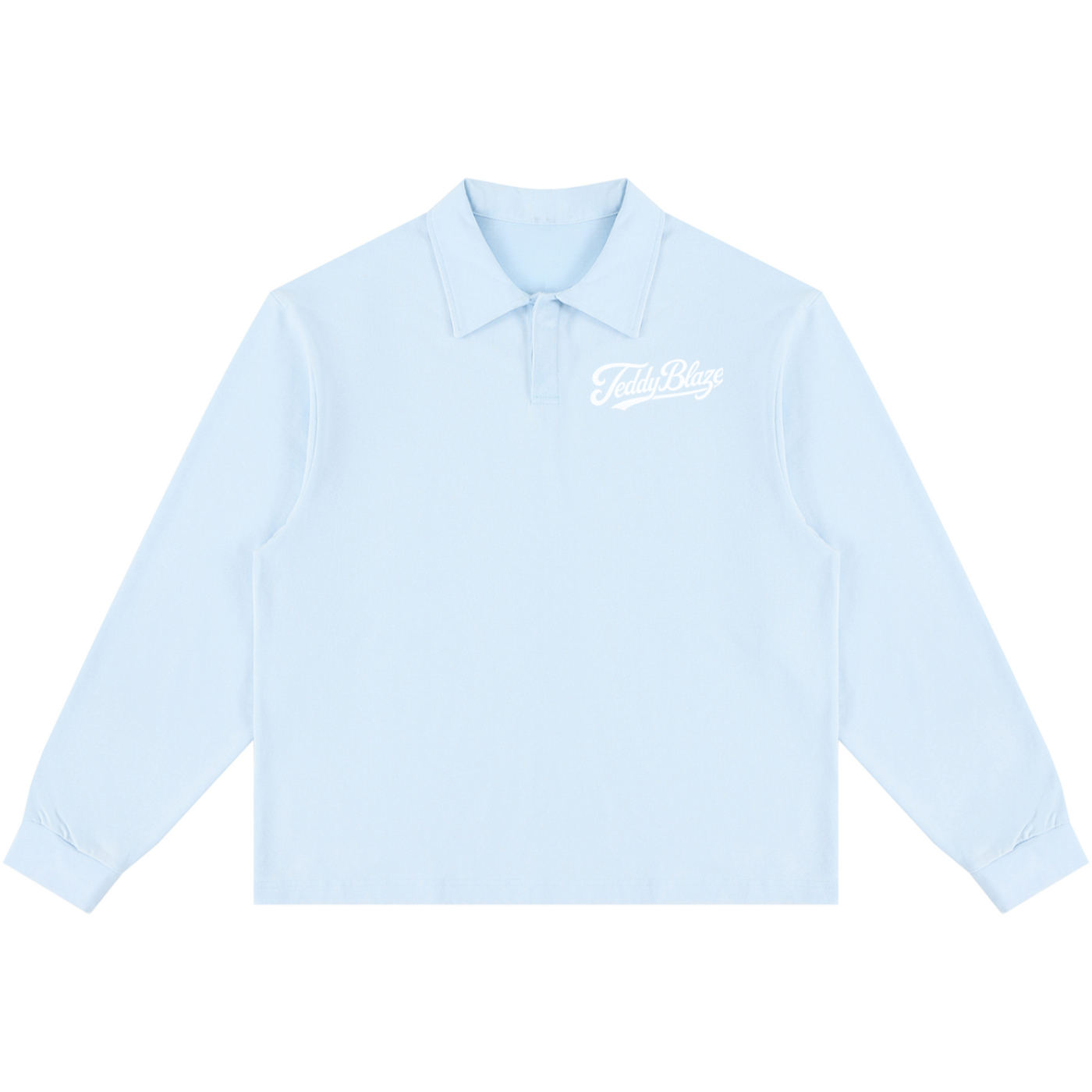 A light blue long-sleeve polo shirt with a white cursive 'Fools Day' graphic on the left chest, displayed flat against a solid white background.