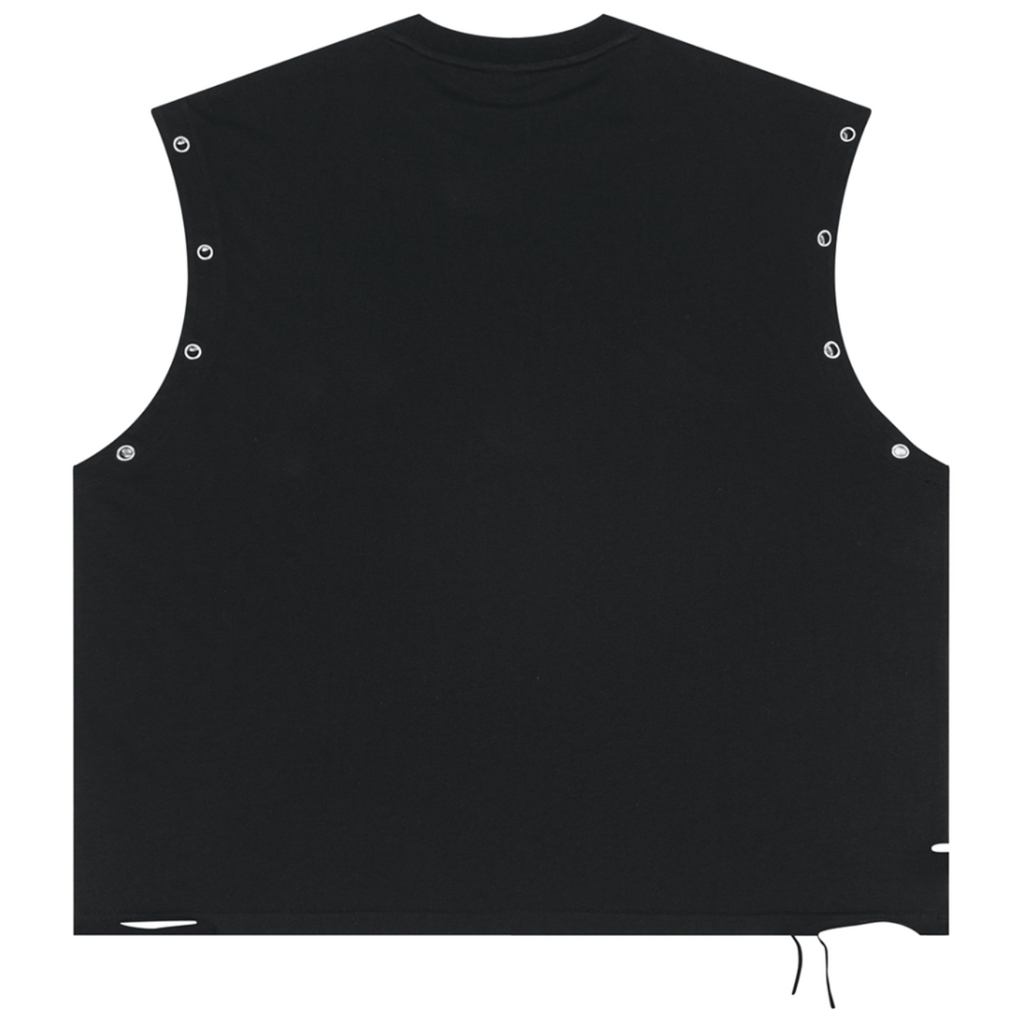 Shop the Signature Cachet Distressed Cotton Grommet Eyelet Tank by Teddy Blaze. 270 GSM black cotton muscle tank with silver eyelets and Cachet emblem from The Mature Mocha Collection.