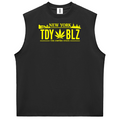 A sleeveless black athletic tank top featuring a yellow graphic print on the chest that reads 'NEW YORK TDY BLZ' with a cannabis leaf and 'THE EMPIRE STATE' underneath, displayed on a solid white background.