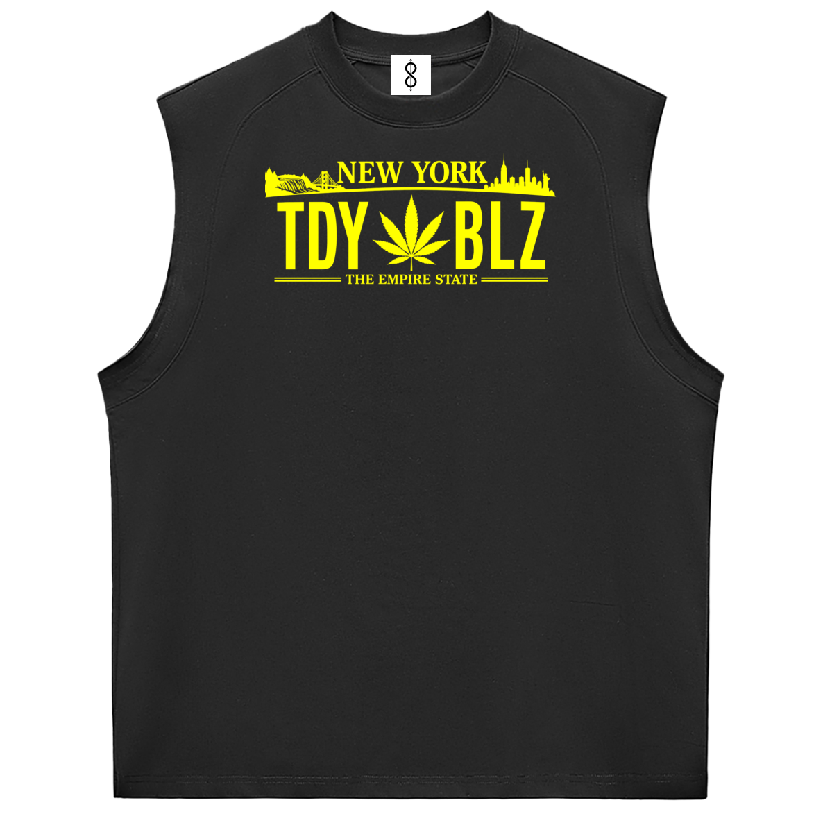 A sleeveless black athletic tank top featuring a yellow graphic print on the chest that reads 'NEW YORK TDY BLZ' with a cannabis leaf and 'THE EMPIRE STATE' underneath, displayed on a solid white background.