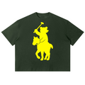 Black t-shirt with yellow bear and horse graphic on a white background