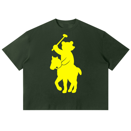 Black t-shirt with yellow bear and horse graphic on a white background