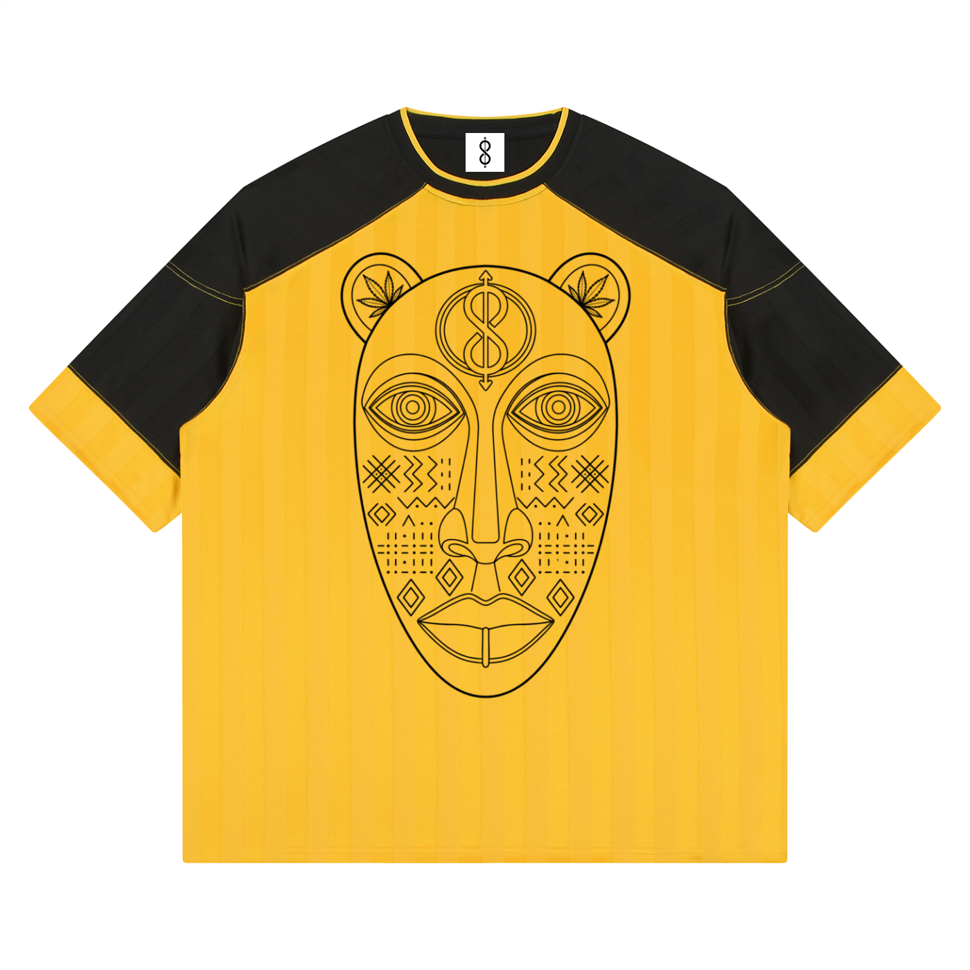 A yellow and black short-sleeve t-shirt with a large black line art graphic of a stylized face on the front, set against a plain white background.