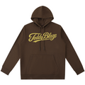 A dark brown pullover hoodie with a gold 'Teddy Blaze' script logo across the chest, displayed on a clean white background.