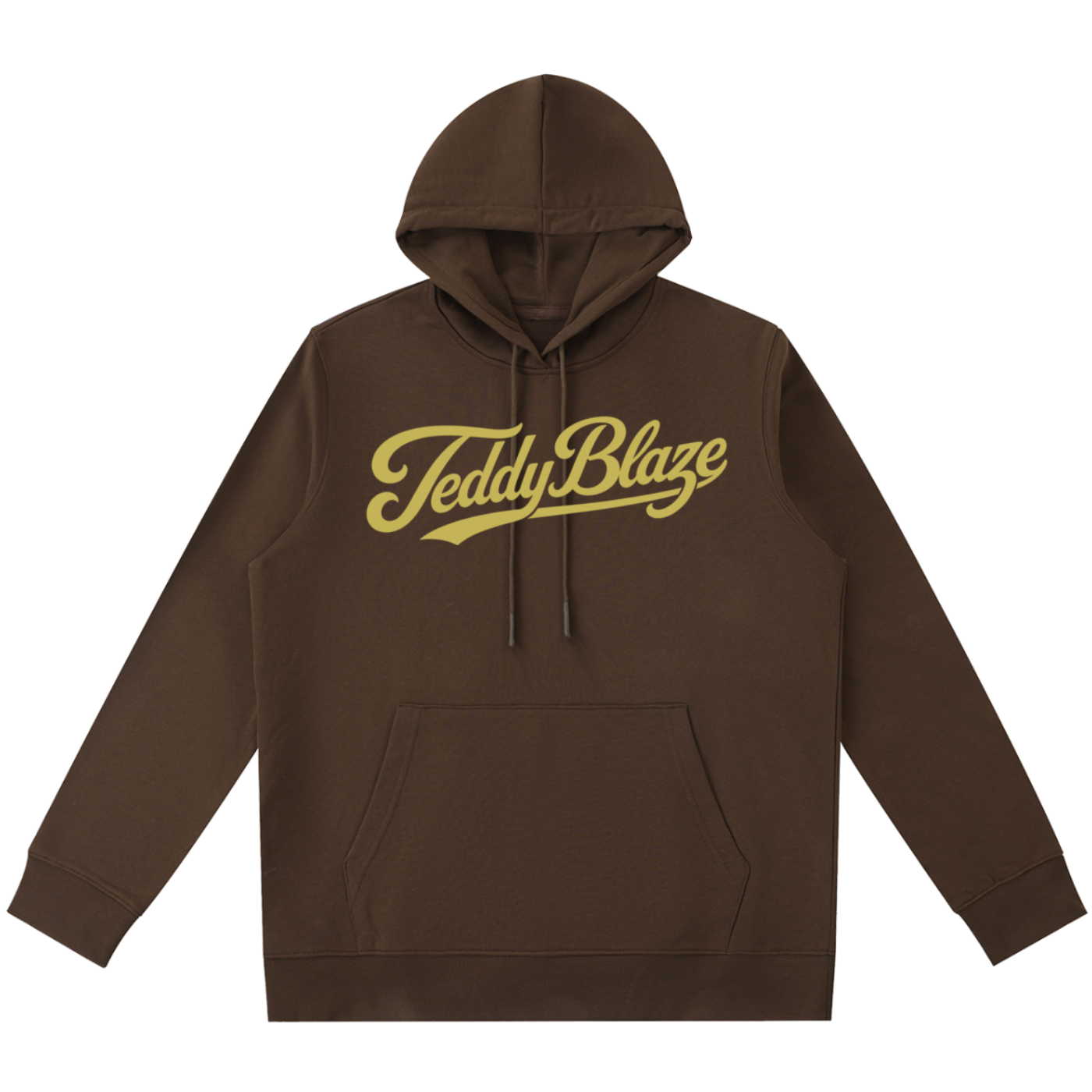 A dark brown pullover hoodie with a gold 'Teddy Blaze' script logo across the chest, displayed on a clean white background.