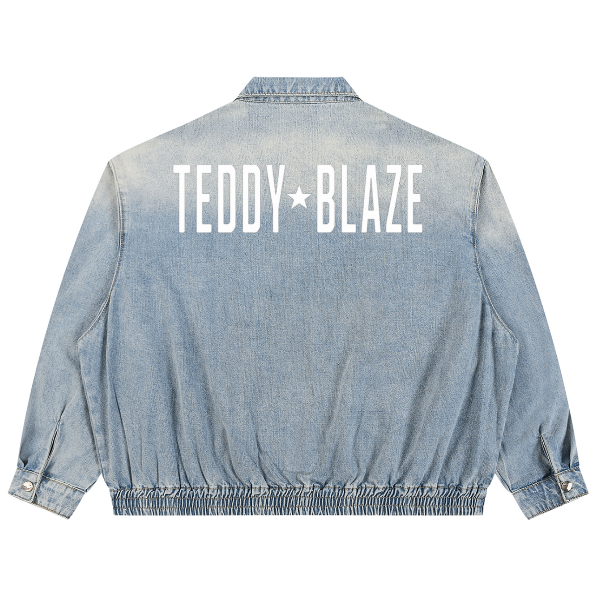 Elevate your casual outerwear with the House of Teddy Blaze Statement Vintage Wash Denim Jacket. Light wash 320 gsm cotton denim, zip front, elastic hem, and bold star block typography. Shop NYC to Vegas style.