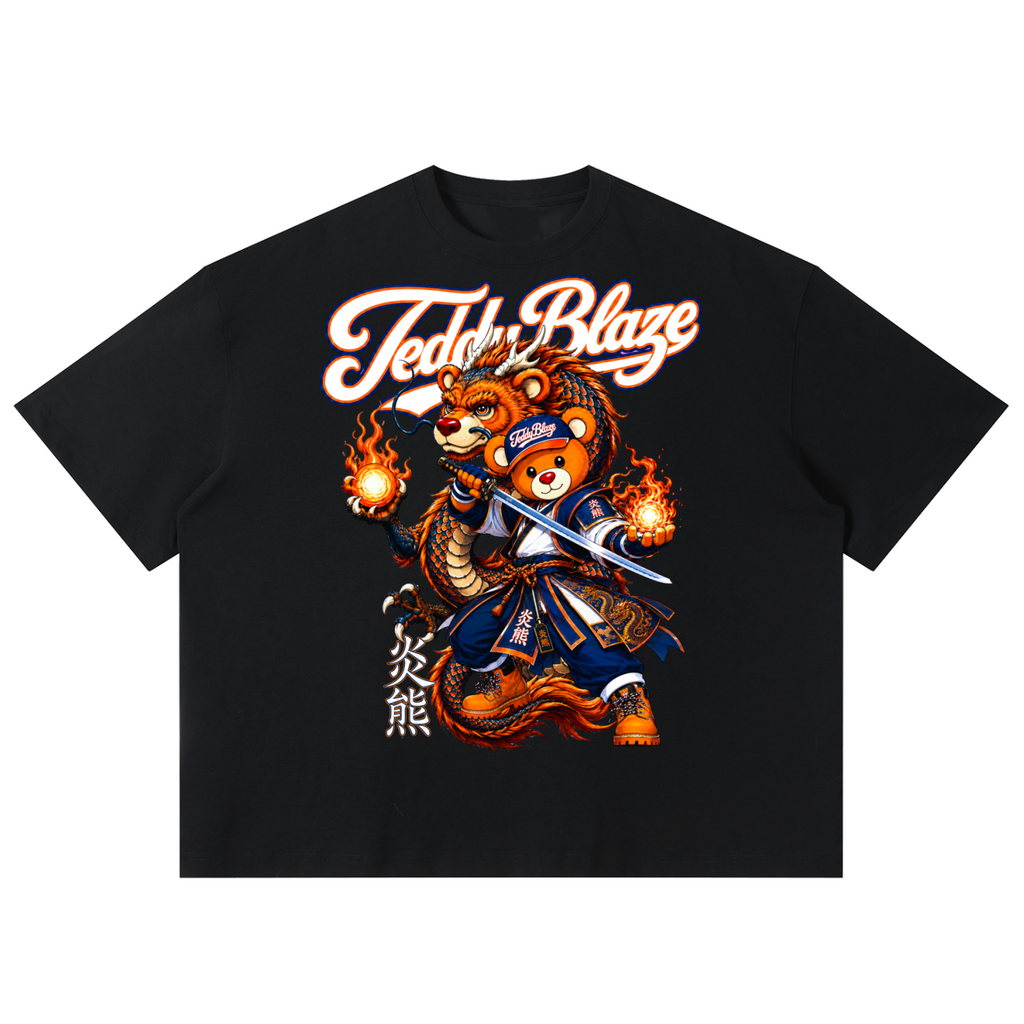 A black short-sleeve t-shirt with a large graphic print of a bear character in a samurai outfit, flames, and the text 'Teddy Blaze' on a white background.