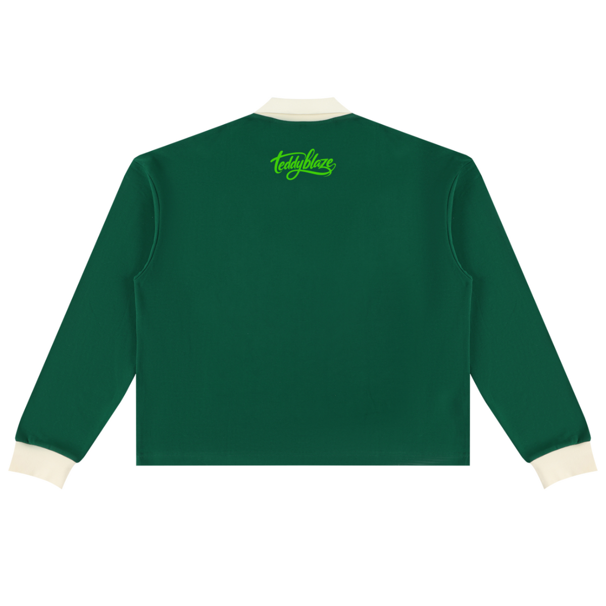 Shop the Signature Contrast Trim Long Sleeve Golf Shirt by Teddy Blaze. 320 GSM heavy green cotton-poly pullover with contrast cream trim and neon back script.